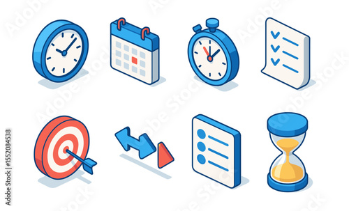 Isometric icons set: clocks calendars stopwatch target hourglass checklist concepts