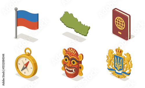 Isometric icons of flag, map, passport, compass, mask, and emblem