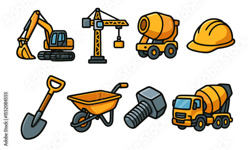 Construction equipment icons: excavator, crane, cement mixer, hard hat, tools