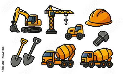 Colorful construction equipment icons: crane, truck, excavator, tools, hard hat, bolt