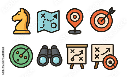Strategic planning icons featuring chess knight map target and binoculars