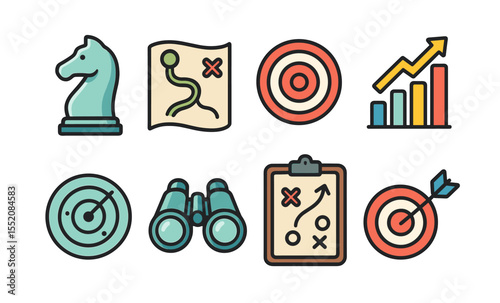 Strategy icons set: chess, map, target, growth, radar, binoculars, plan, arrow