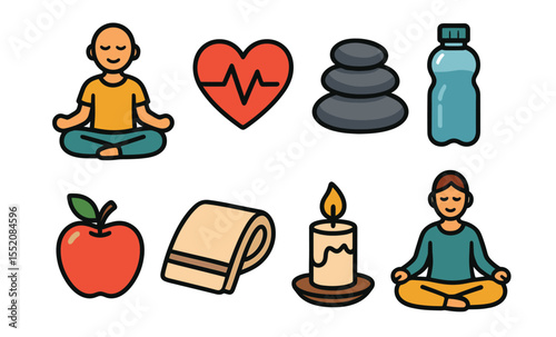 Wellness symbols with meditating figures, heart, stones, water, apple, towel, and candle