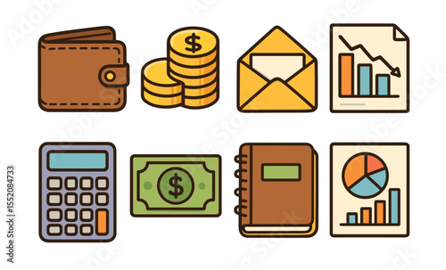 Financial icons: wallet, coins, envelope, chart, calculator, dollar bill, notebook