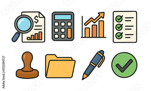 Business and accounting icon set with calculator, chart, and checklist illustrations