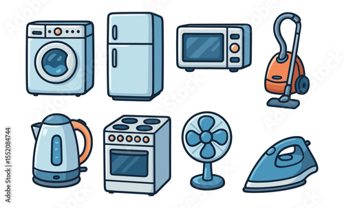 Cartoon household appliances set: washer, fridge, microwave, vacuum, kettle, stove, fan, iron