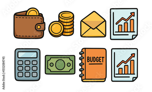 Financial management icons: wallet, coins, calculator, budget planner, graphs