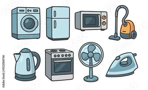 Cartoon home appliances set: washer, fridge, microwave, vacuum, kettle, stove, fan, iron