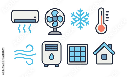 Minimalist climate icons featuring air conditioner, fan, thermometer, and more