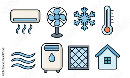 Air conditioning and cooling system icons set: ac, fan, thermostat, dehumidifier