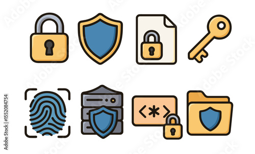 Security icon set: lock, shield, key, fingerprint, server, folder, password protection