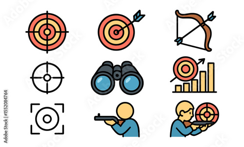 Target shooting icons: archery, targets, binoculars, and graphs