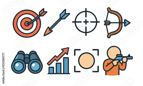 Target and precision icons: archery, shooting, and binoculars collection