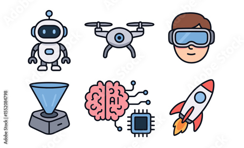 Futuristic technology icons: robot, drone, vr, ai brain, microchip, rocket