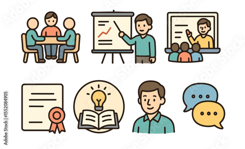 Business training and presentation concepts with male speaker and team discussions