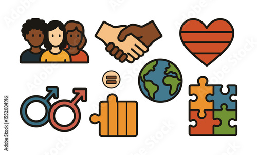Diversity and inclusion symbols: unity, equality, peace, love, gender, puzzle, global connection