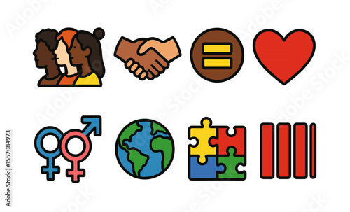 Diverse symbols of unity and equality: icons representing inclusion and global harmony