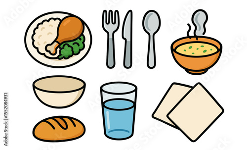 Simple meal with chicken, soup, bread, and utensils