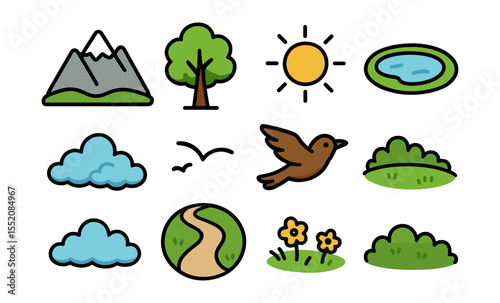 Nature icons set featuring landscapes, sun, tree, bird, clouds, and flowers in a minimalist style