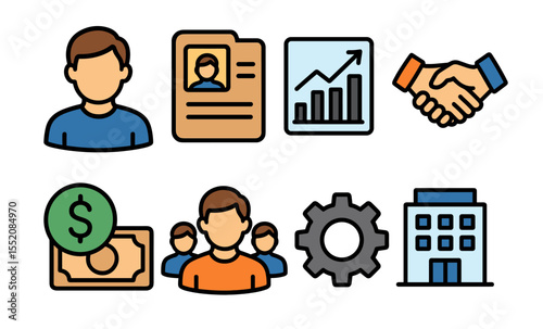 Business and workforce icons: male profiles, analytics, finance, teamwork, industry, office building