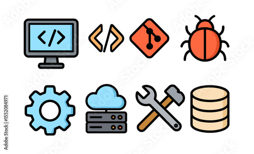 Colorful technology icons: coding, cloud, and tools for software development