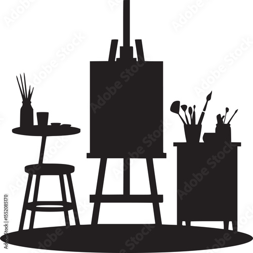 Black silhouette of an art studio with easel brushes stool and table on a white background