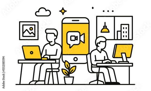 Male office workers on laptops in modern workspace with video call concept