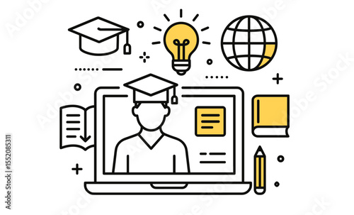 Online learning tools and education icon set featuring graduation themes