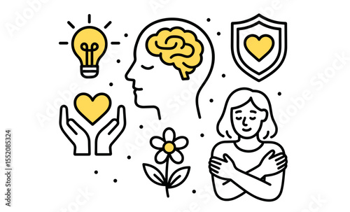 Mental health and wellbeing concepts: mindfulness, self-care, and positivity symbols