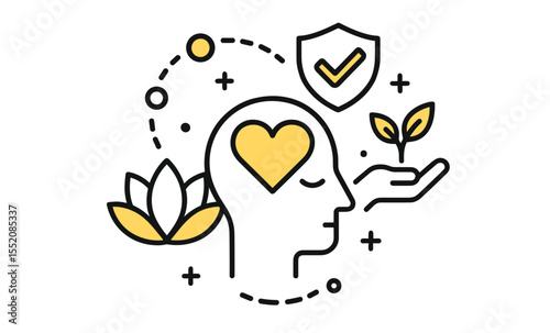 Mindfulness and wellness symbol: human head, heart, plant, shield