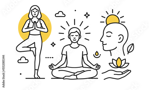 Mindfulness meditation: yoga practice and inner peace symbols