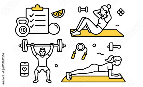 Fitness icons: exercise routine with young adults and healthy lifestyle elements