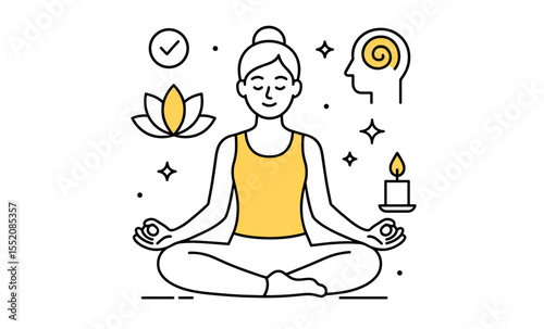 Young caucasian female practicing mindful meditation with yoga symbols