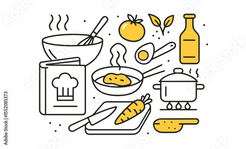 Cooking essentials: illustrated kitchenware and ingredients for a delicious meal