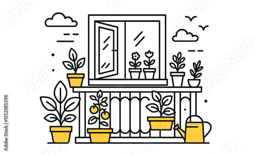 Minimalist balcony garden with potted plants and open window in sunny weather