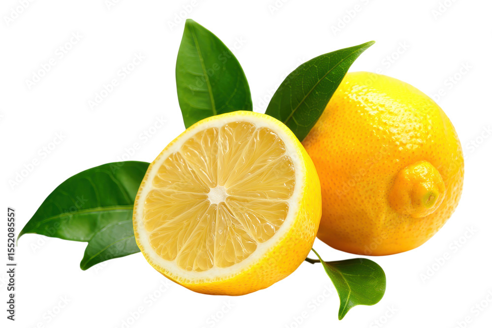 Bright yellow lemon half and whole lemon with green leaves citrus fruit Bright yellow lemon half and whole lemon with green leaves citrus fruit