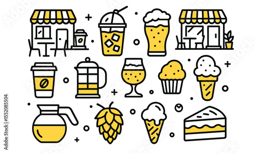 Cafe and brewery icons set featuring drinks, desserts, and shopfronts
