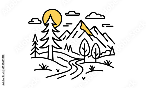Scenic mountain landscape with pine trees and winding path under sun