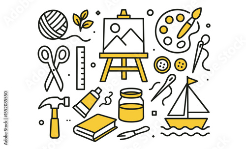 Creative arts and crafts symbols: tools, materials, and hobbies illustration
