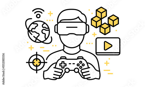 Virtual reality gaming concept with young caucasian male gamer using vr headset and controller