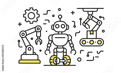 Robotics and automation: robot, robotic arm, gear, and circuit elements