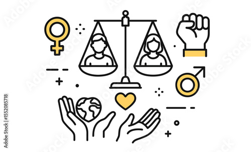Gender equality and social justice symbols with scales and diverse icons