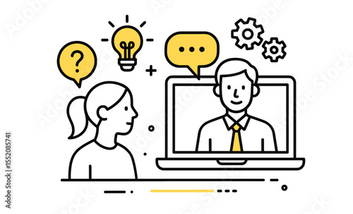 Virtual consultation: female client and male consultant engaged in online meeting