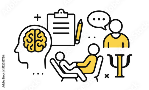 Mental health counseling concept with therapy session icons and brain symbol