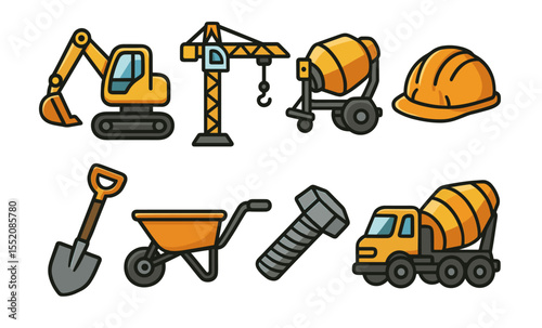 Construction equipment icons: excavator, crane, cement mixer, hard hat, shovel, wheelbarrow, bolt, truck
