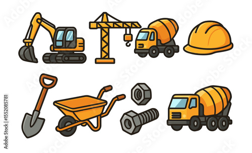 Cartoon construction icons: digger, crane, cement truck, hard hat, shovel, wheelbarrow