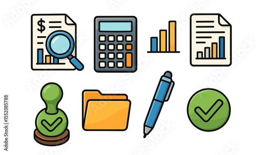 Financial analysis icons featuring documents, calculator, graphs, and office supplies