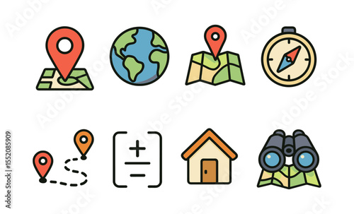 Map and navigation icons set featuring gps compass and binoculars
