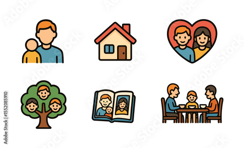 Family icons: male, female, caucasian, children, home, heart, tree, album, dinner