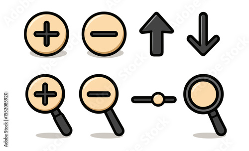 Icon set featuring zoom and navigation signs in minimal style